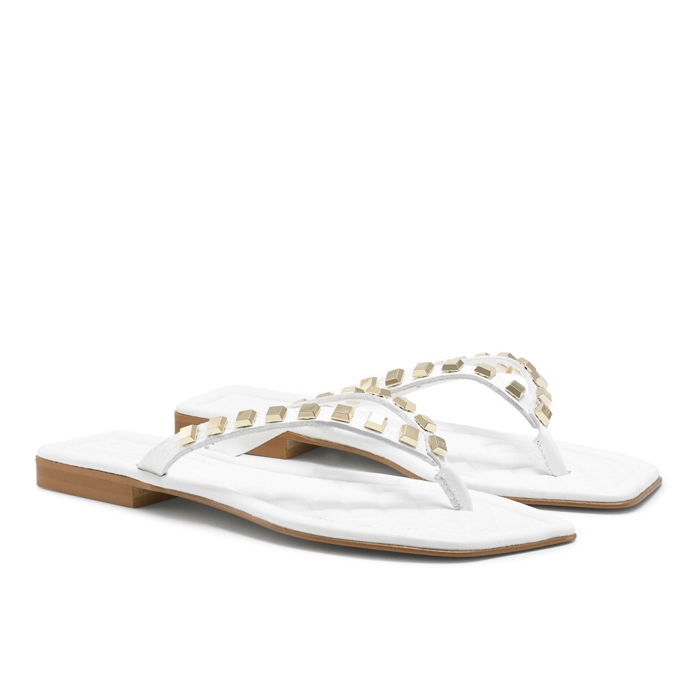 Russell & Bromley Cairo Stud Tå Post Platta Sandaler Dam Vita | FXONQ-4096