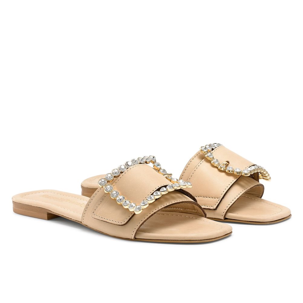 Russell & Bromley Cindy Jewelled Spännen Platta Sandaler Dam Ljusbruna | LGSMW-7958