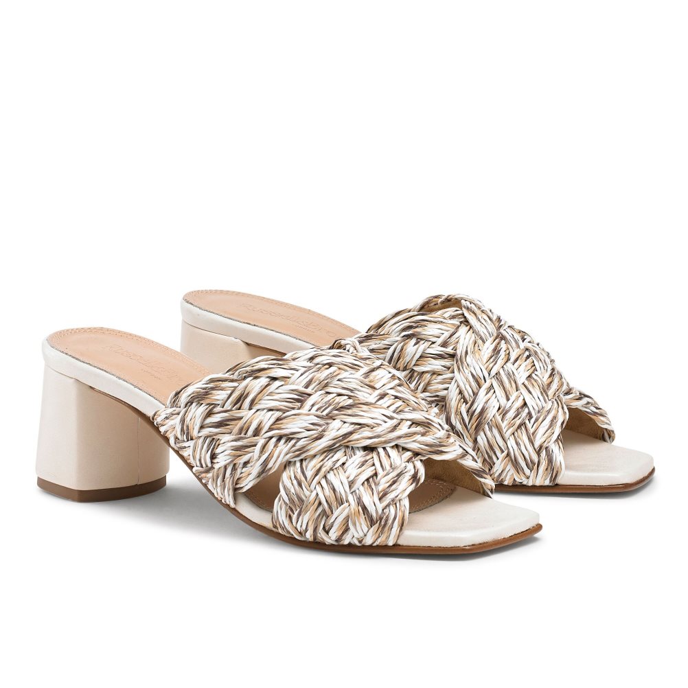 Russell & Bromley Kiss Me Raffia Block Mules Skor Dam Ljusbruna | JYZBD-6712