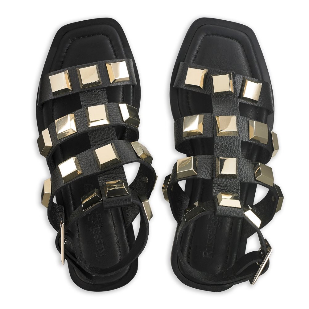 Russell & Bromley Titan Pyramid Stud Gladiator Platta Sandaler Dam Svarta Guld | QMASB-3879