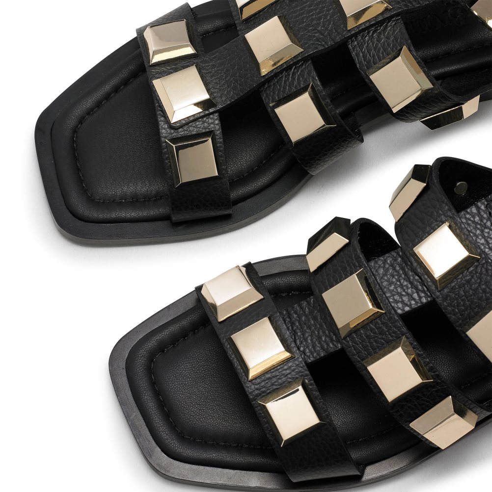Russell & Bromley Titan Pyramid Stud Gladiator Platta Sandaler Dam Svarta Guld | QMASB-3879