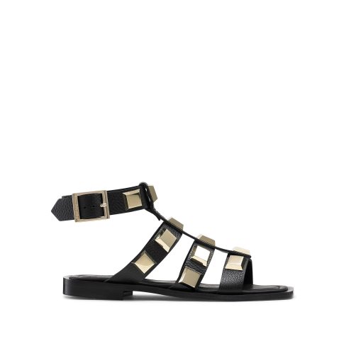 Russell & Bromley Titan Pyramid Stud Gladiator Platta Sandaler Dam Svarta Guld | QMASB-3879